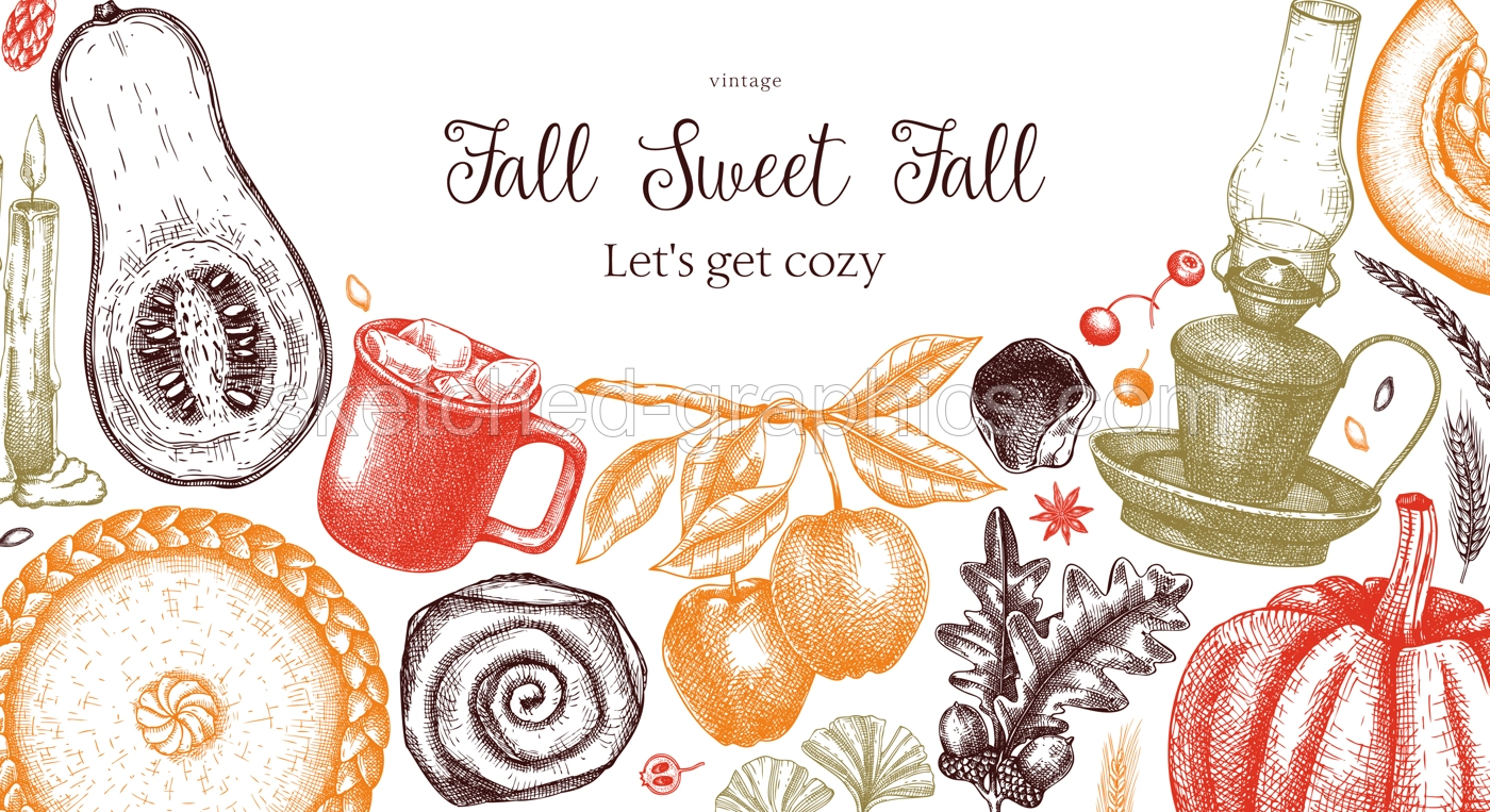 Vintage autumn frame design template. Hand-drawn vector illustration. Pumpkin, hot drink, fruit, pie, pastry, fall leaves sketches. Thanksgiving background in color.         Illustration